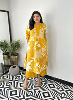 Lookmark WomenS Floral Printed Cotton Blend 3/4Th Sleeve Knee Length V-Neck Kurta And Palazzo Set For Women (Az-Lm-Og-Ks2204 Ye
