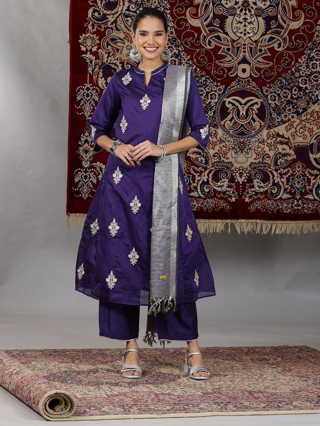 Aurelia Women'S Viscose Yarn Dyed Flared Kurta & Palazzo With Dupatta Set