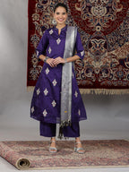 Aurelia Women'S Viscose Yarn Dyed Flared Kurta & Palazzo With Dupatta Set