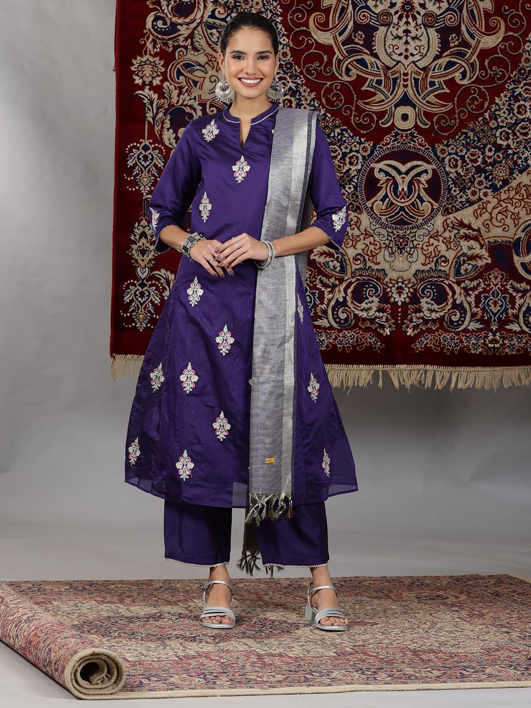 Aurelia Women'S Viscose Yarn Dyed Flared Kurta & Palazzo With Dupatta Set