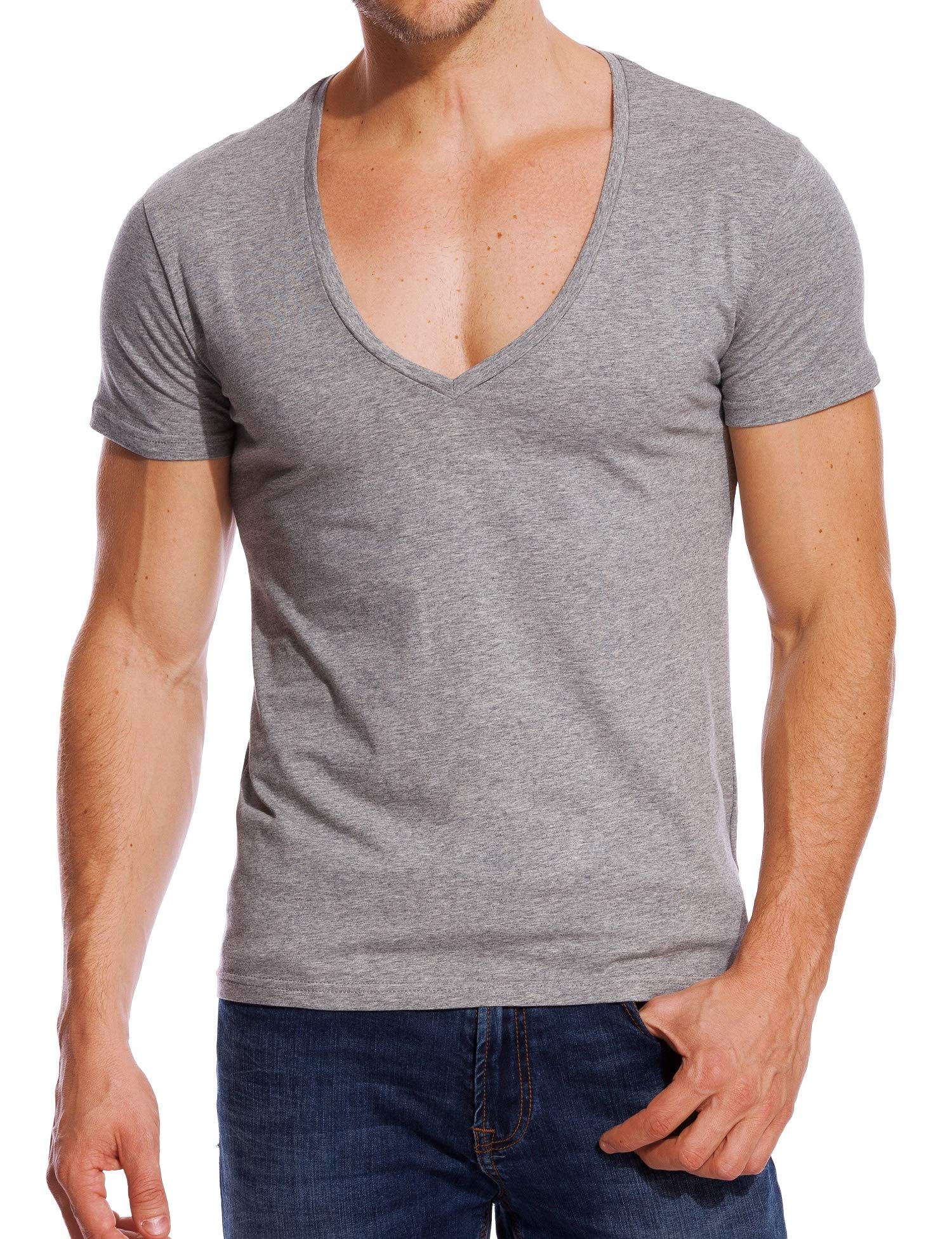V Neck T Shirts Men Deep V Neck Tee Muscle Slim Fit Low Cut Undershirts Gray L