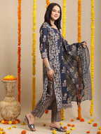 ANNI DESIGNER Women s Printed Rayon Blend Kurta with Pants and Dupatta, Navy blue, L