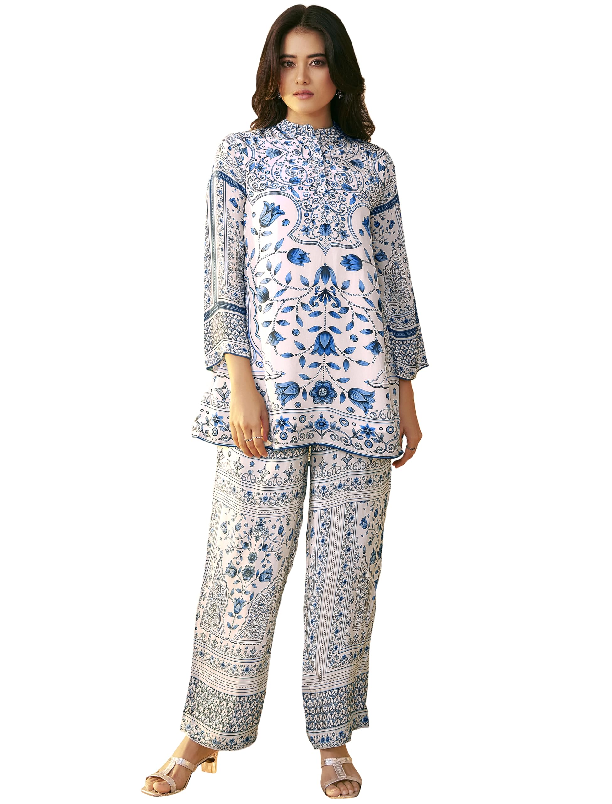 Pinkmint Pure Crepe Womens Ethinc Floral Design Tunic Top & Printed Pants l Stylish Bell Sleeve Regular Fit Co Ord Set (Availab
