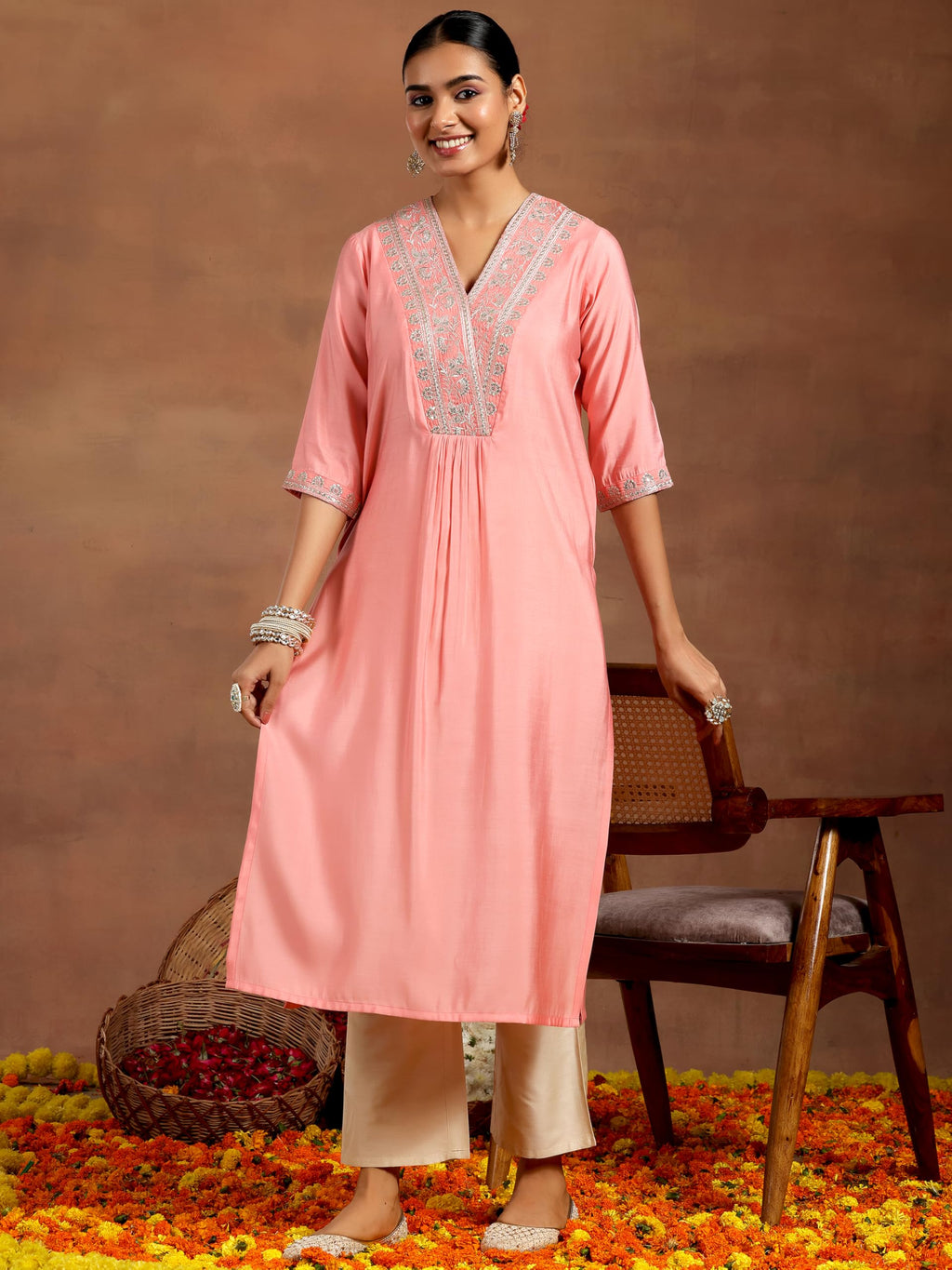 Libas WomenS Silk Straight Kurta (G2745_Peach