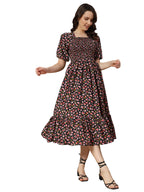 Kzully | Colorful Floral Print Midi Dress | Smocking And Elastic Comfort | Stylish Woman Wearing A Pretty Printed Flower | Trend
