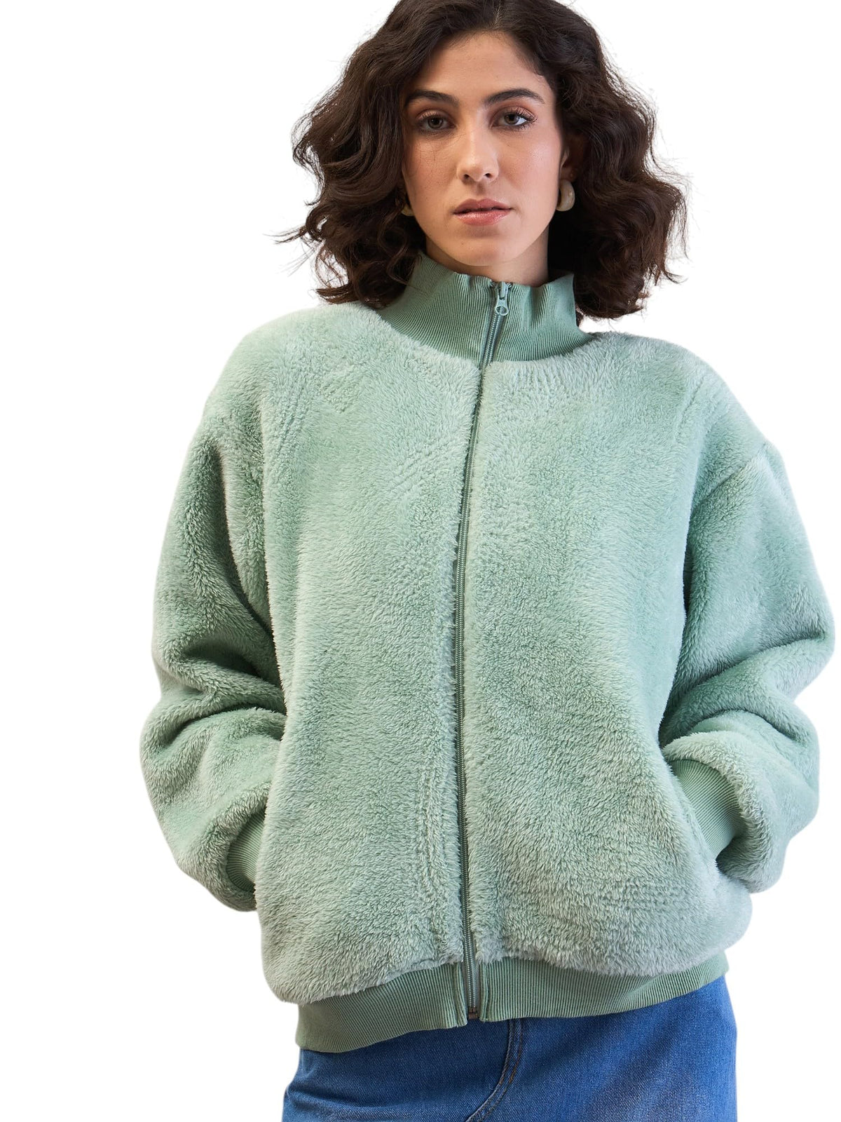 SASSAFRAS Green Fur High Neck Front Zipper Jacket 2