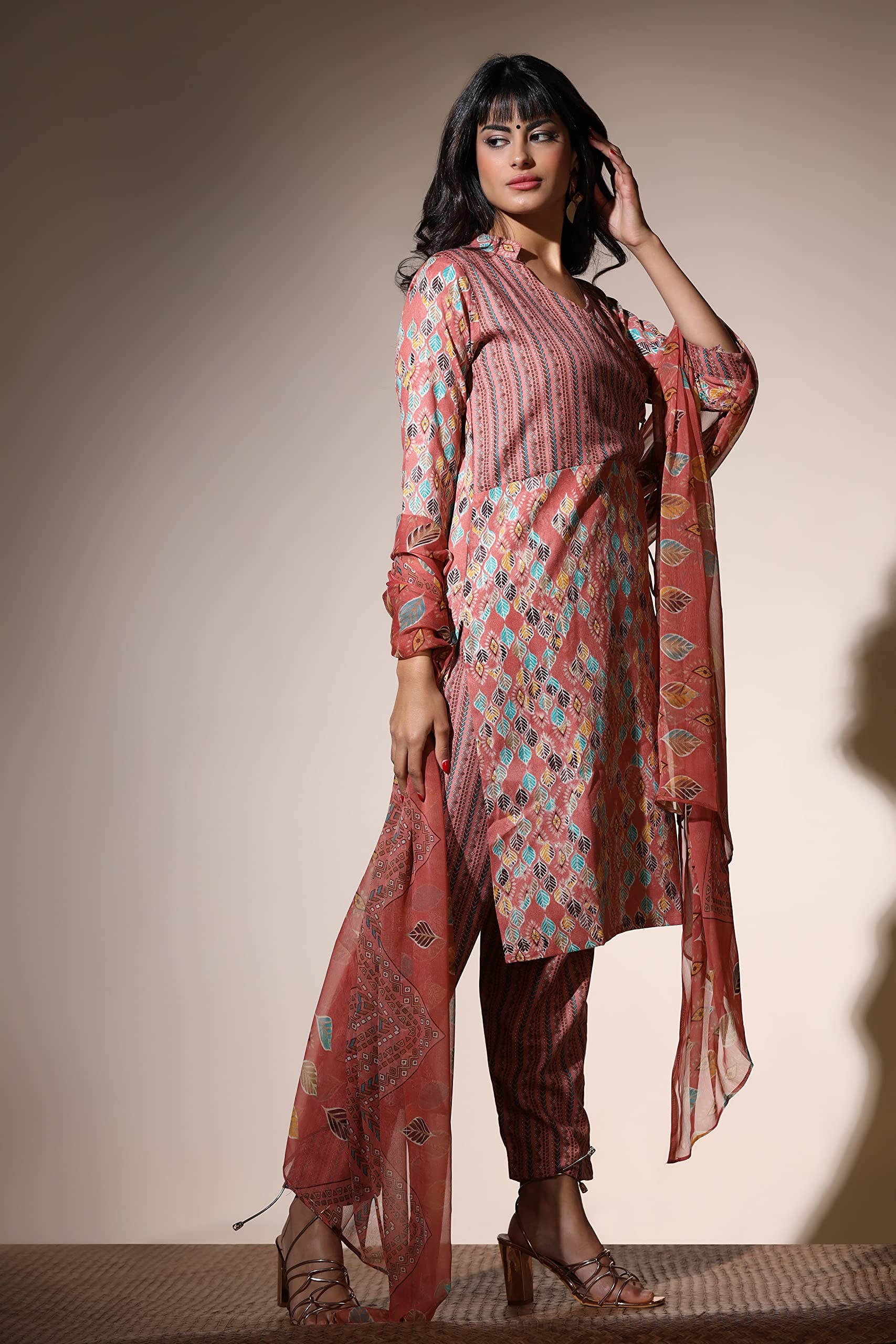 Leriya Fashion Kurta Set For Women | Soft Cotton Blend Abstract Leaf Printed Kurti With Pant For Women | Flattering Front Placket Neck Design | Ideal For Festival | Gift For Women