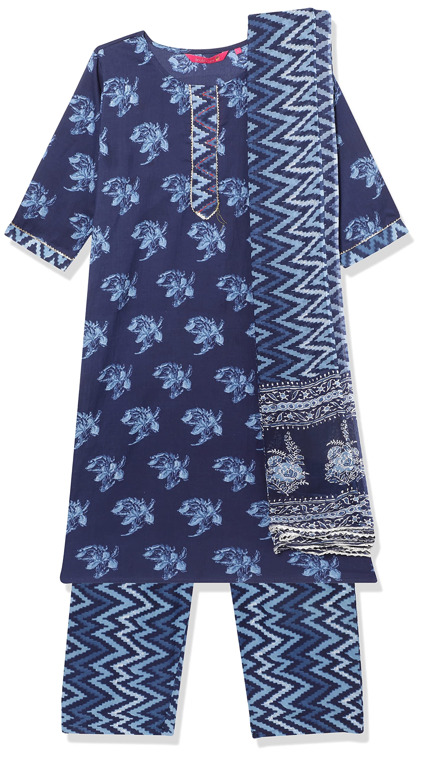 Anubhutee Women'S Cotton Blue Gota Patti Floral Printed Straight Kurta Suit Set With Pants And Dupatta