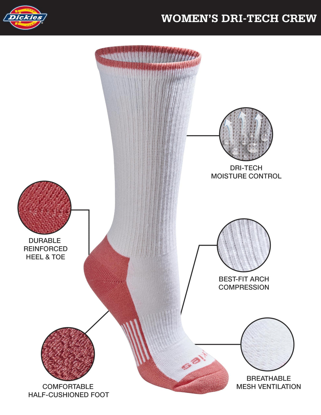 Dickies Women's Dri-Tech Essential Moisture Control Crew Socks, Available in S-XL (6, 12, White with Bluish (6 Pairs), Small