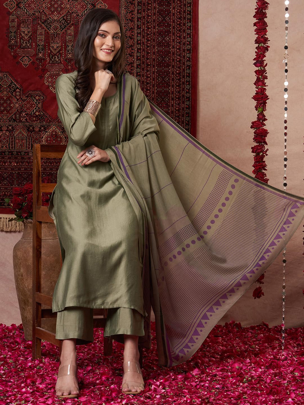 ANNI DESIGNER Women s Plain Viscose Straight Kurta with Trousers and Dupatta, Green, Medium