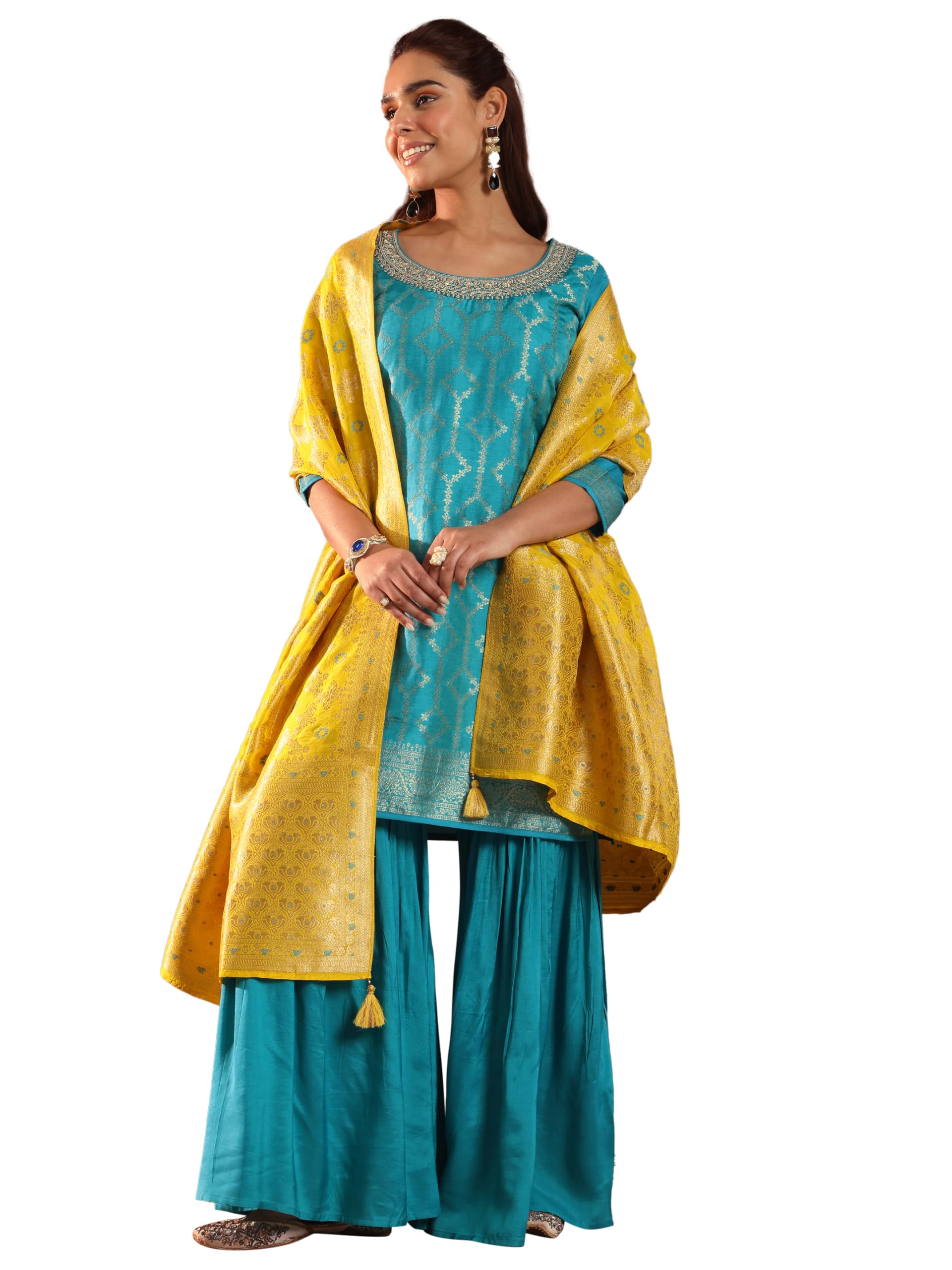 Libas Womens Woven Design Silk Blend Straight Kurta With Sharara And Dupatta