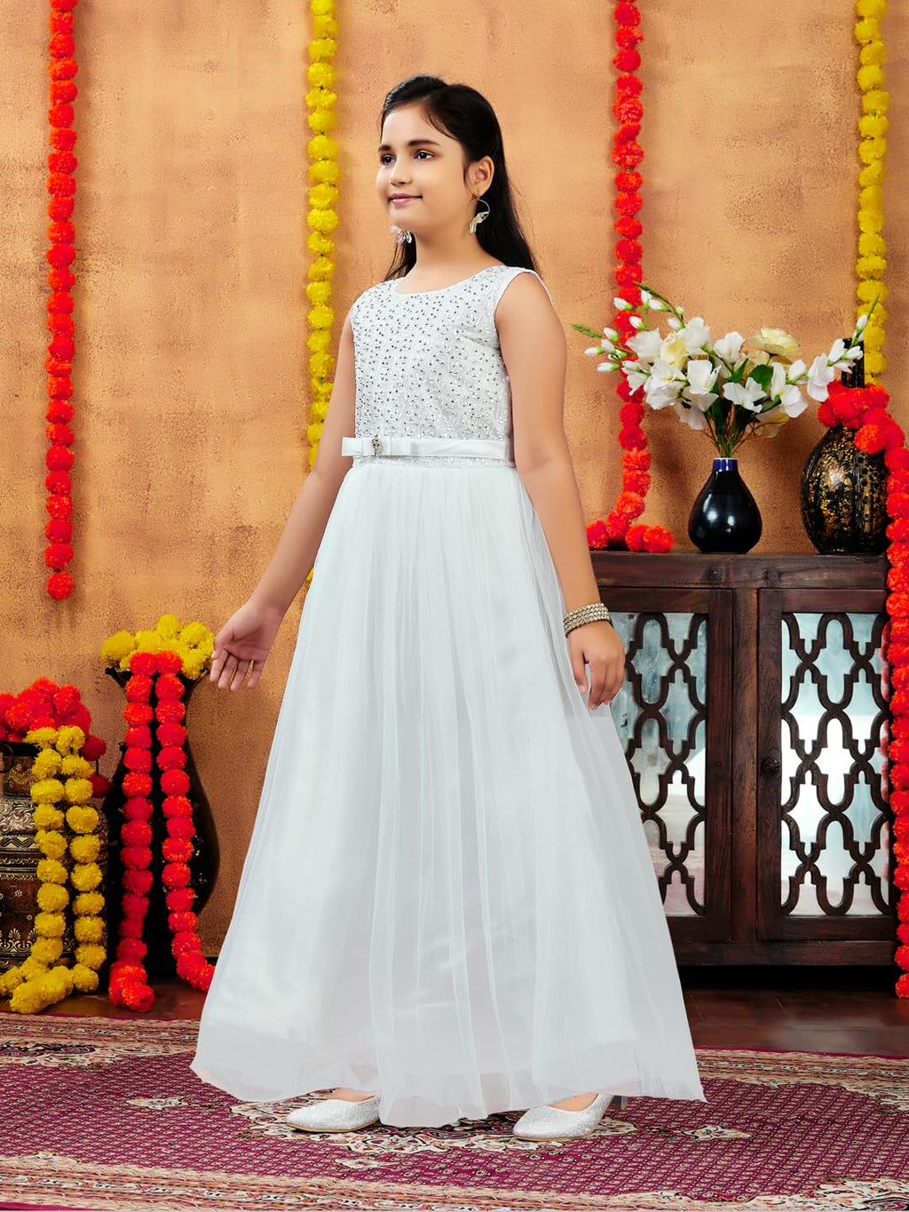 Aarika Girls White Colour Emballished Net Gown (3-9 Years)