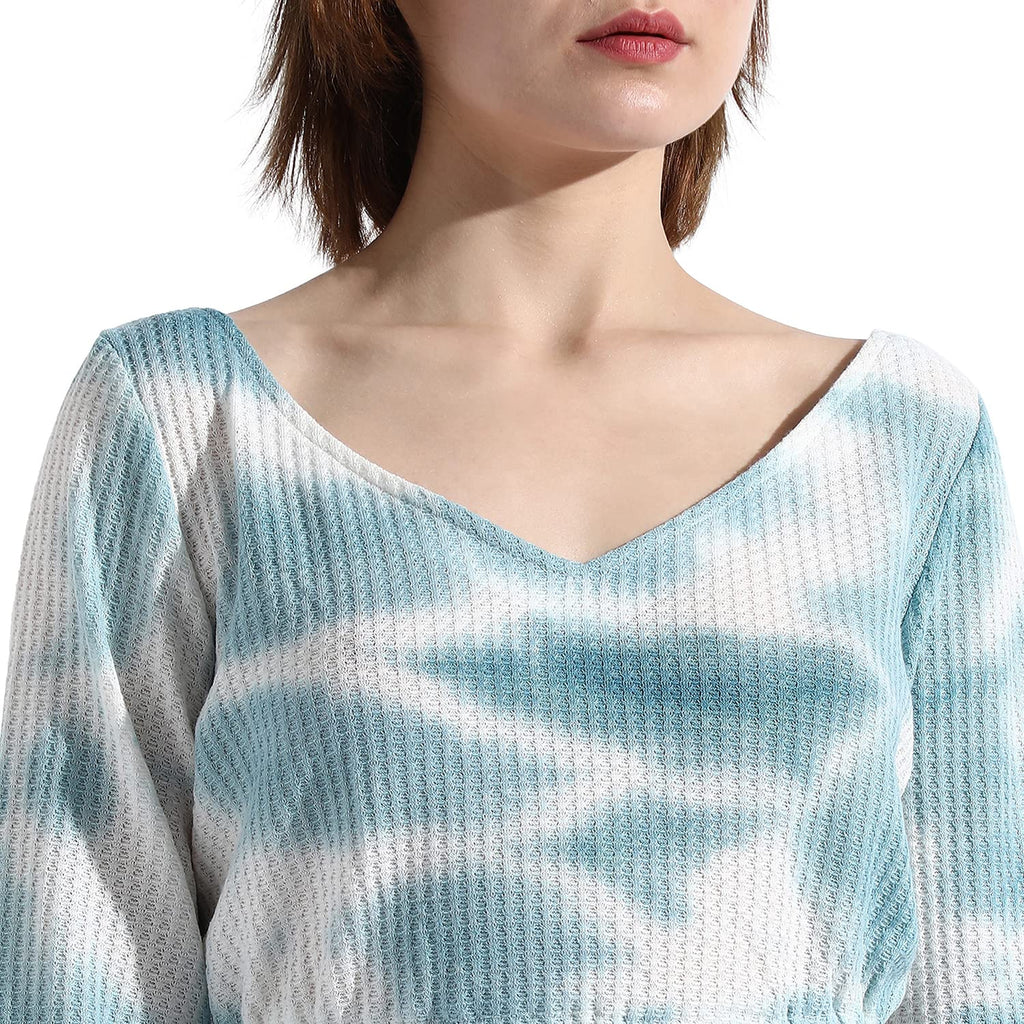 Campus Sutra Women'S Blue Tie-Dye V Neck Long Sleeve Regular Fit Co-Ords Set For Casual Wear | Clothing Set Crafted With Comfort