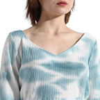 Campus Sutra Women'S Blue Tie-Dye V Neck Long Sleeve Regular Fit Co-Ords Set For Casual Wear | Clothing Set Crafted With Comfort