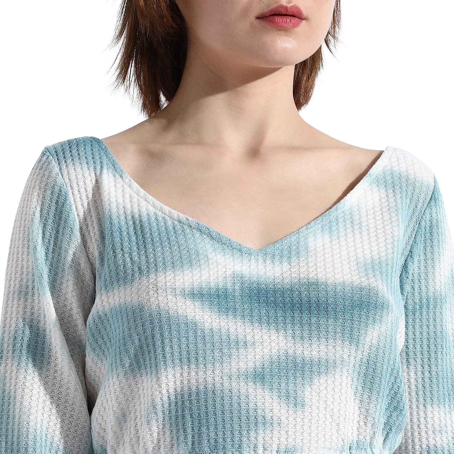 Campus Sutra Women'S Blue Tie-Dye V Neck Long Sleeve Regular Fit Co-Ords Set For Casual Wear | Clothing Set Crafted With Comfort