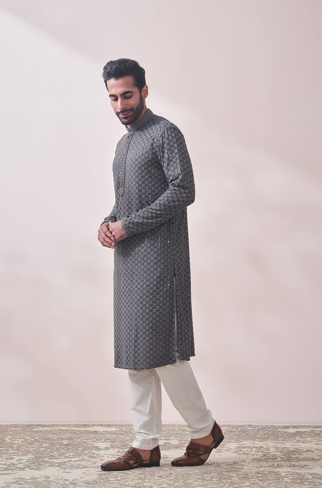 Manyavar Grey Viscose Full Sleeve Kurta Set Traditional Kurta Set for Men