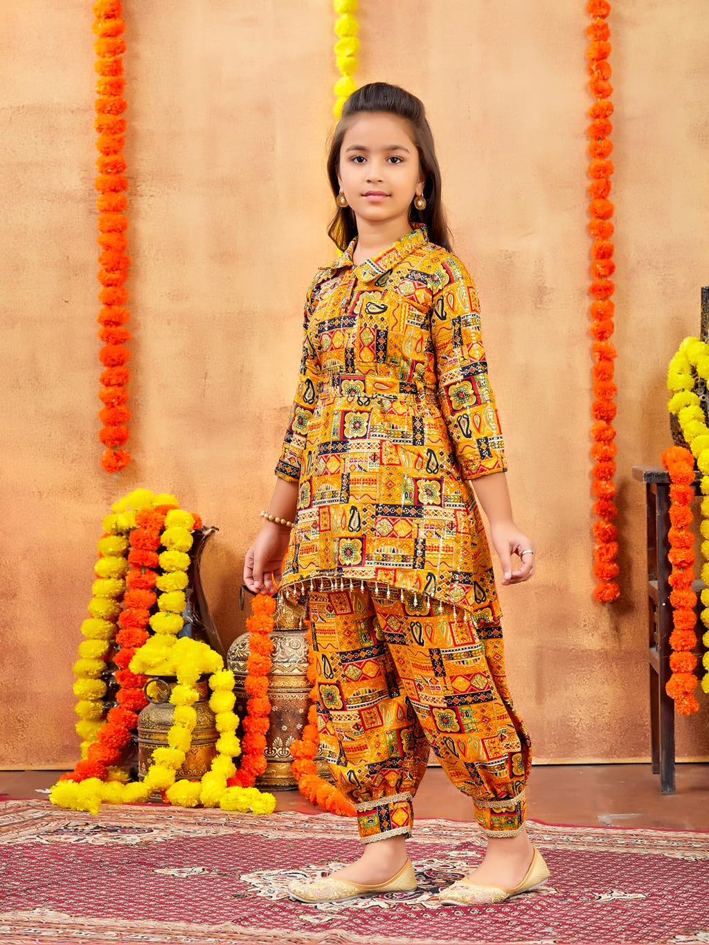 Aarika Girls Ethnic Wear Mustard Colour Abstract Printed Cotton Kurti Patiala Set With Belt (4-10 Years)