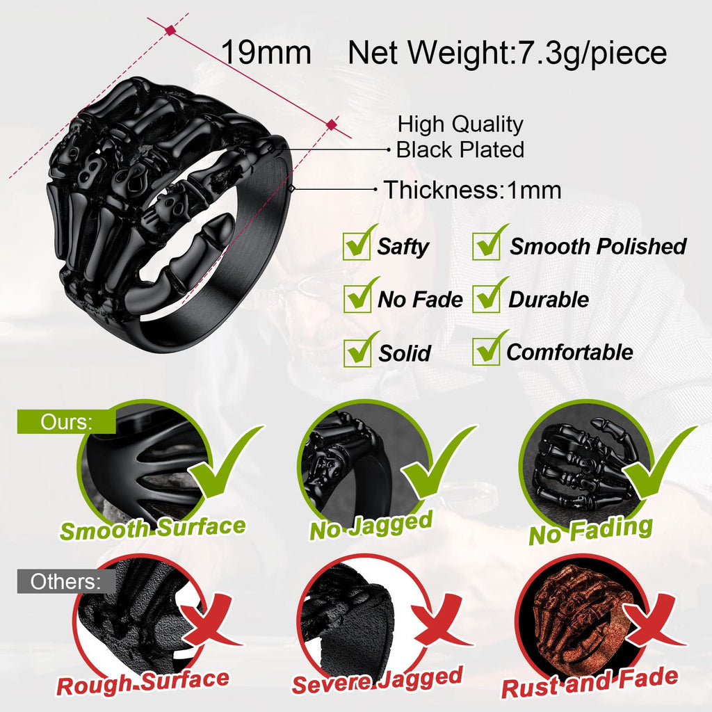 Punk Black Skull Hand Rings for Man Stainless Steel Gothic Halloween Party Accessories
