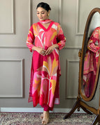 ANNI DESIGNER Womens Cotton Blend Printed Straight Kurta with Pant & Dupatta (Tumari Pink_M_Pink_Medium)