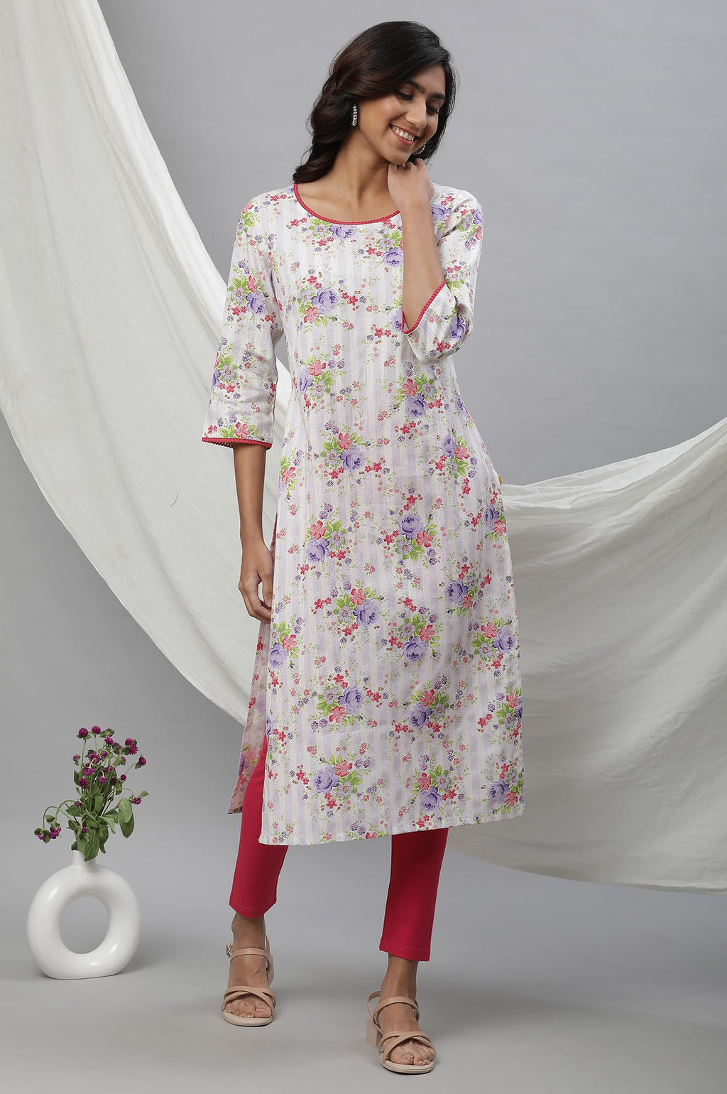 Aurelia White Floral Printed Printed Lace Cotton Straight Long Kurta