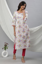 Aurelia White Floral Printed Printed Lace Cotton Straight Long Kurta