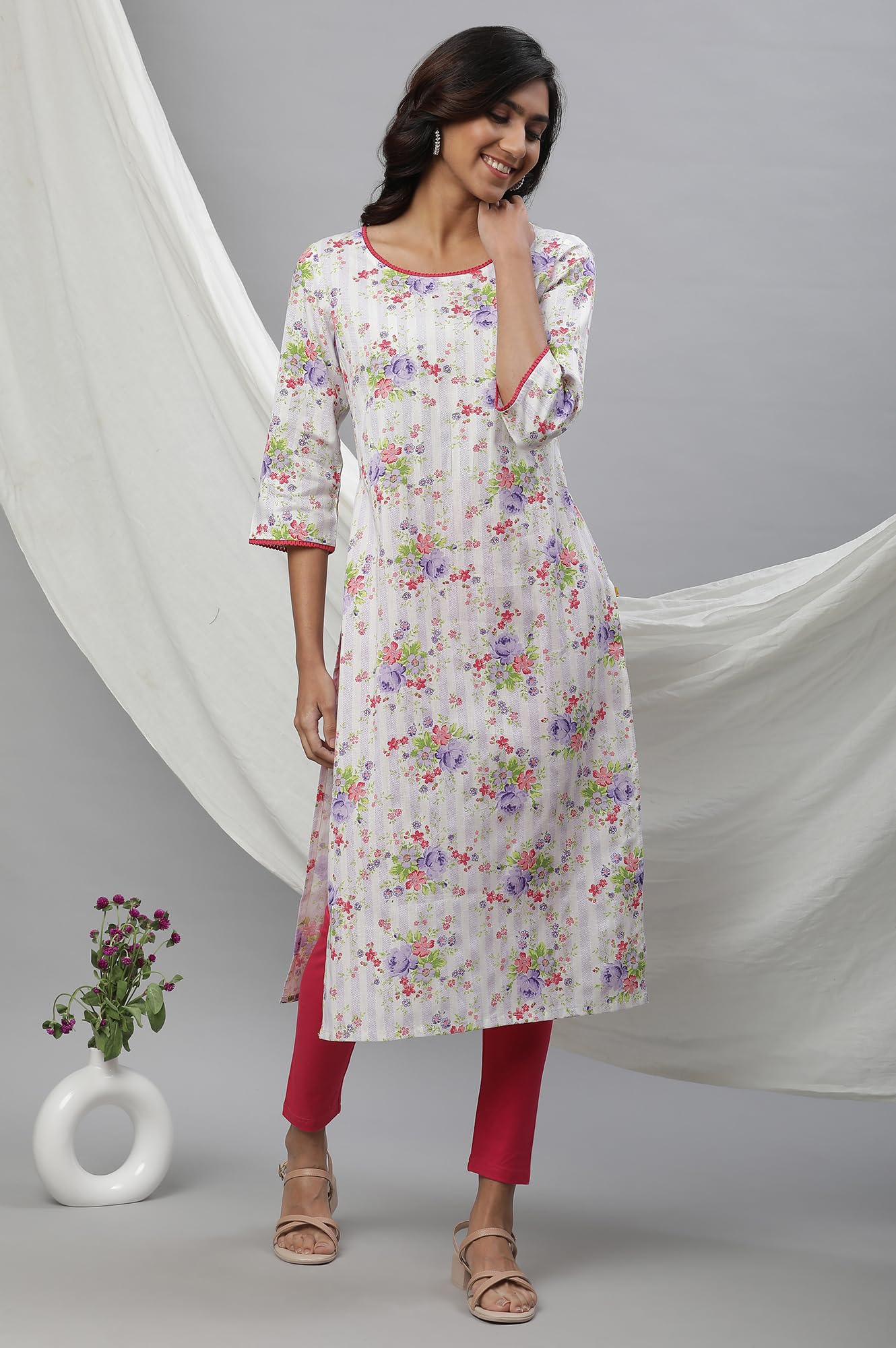 Aurelia White Floral Printed Printed Lace Cotton Straight Long Kurta