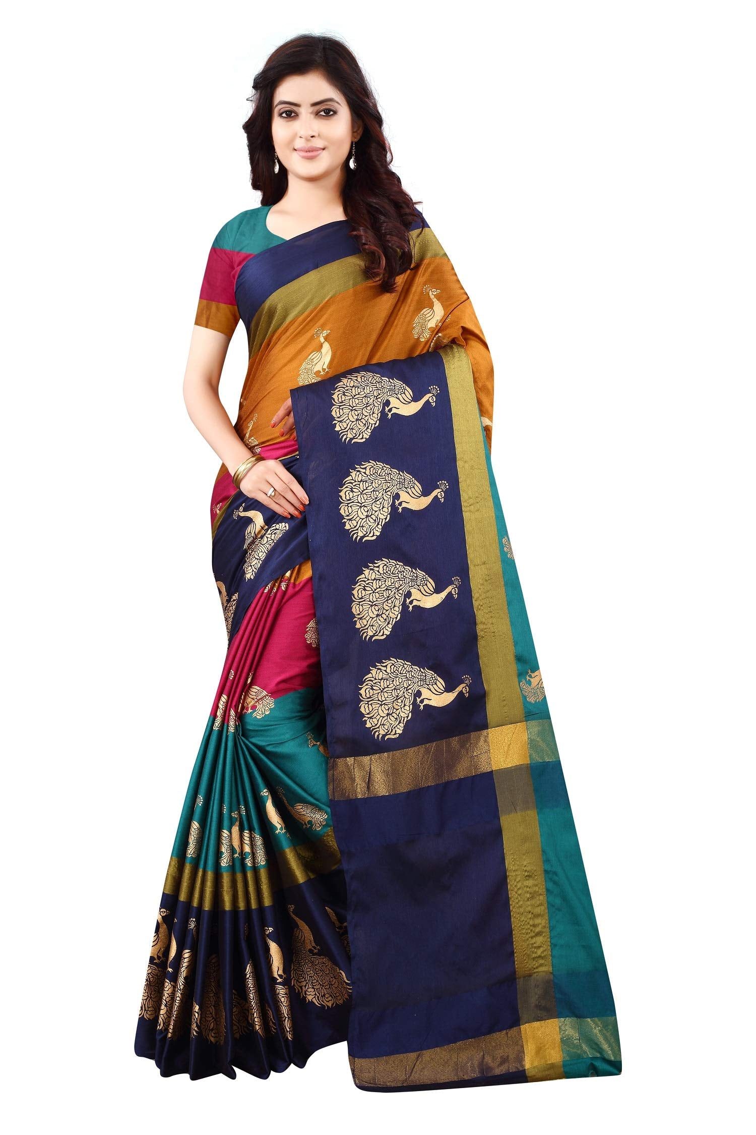 DHRUVI TRENDZ Womens Banarasi Cotton & Silk Saree With Un-Stitched Blouse (Dt-S1337_Black_One Size_Multicolour)