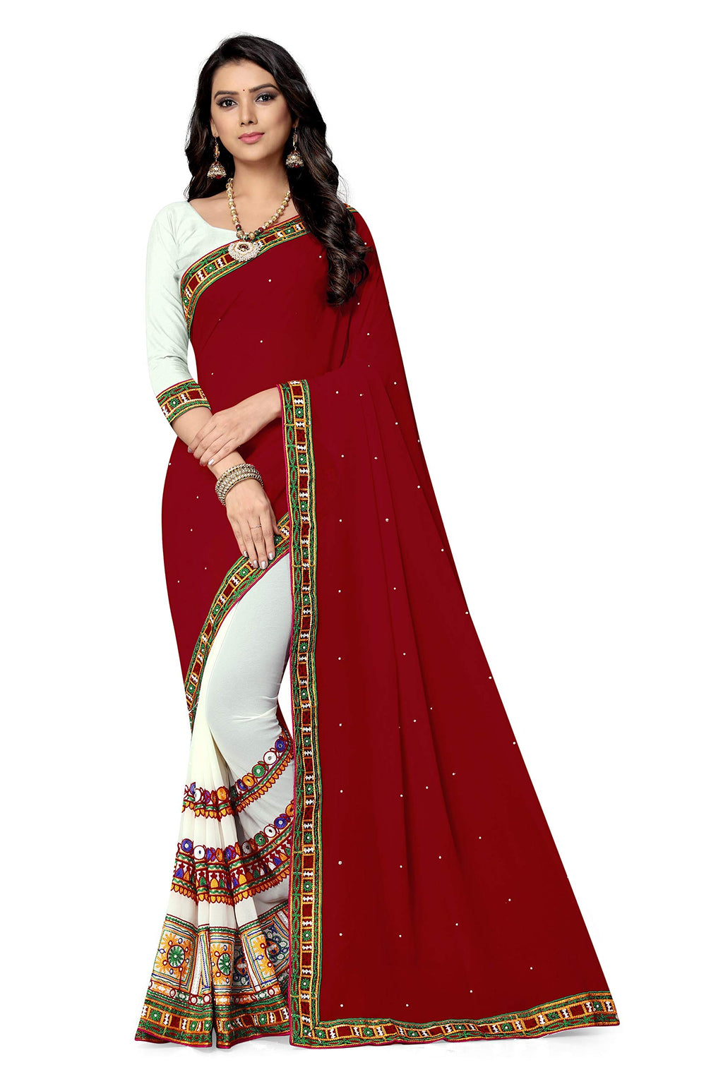 SERONA FABRICS Womens Embroidered Georgette Saree with Blouse Piece (Red - White)