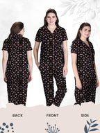 Lyra WomenS Cotton Shirt And Pyjama Printed Night Suit Black