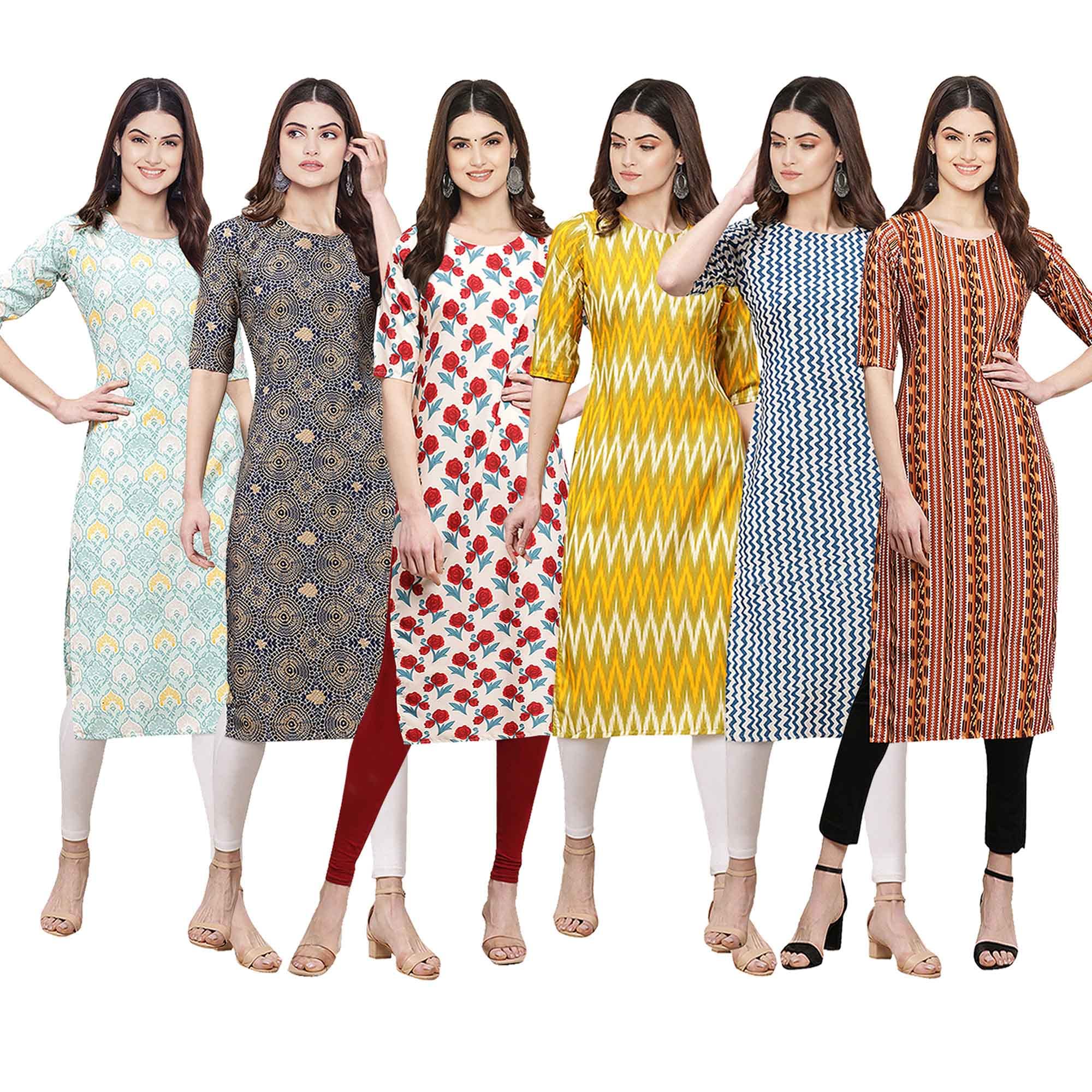 Pinkmint Womens Crepe Digital Print Straight Kurta [Pack of 6] (CKE-343-341-342-329-331-344-L)