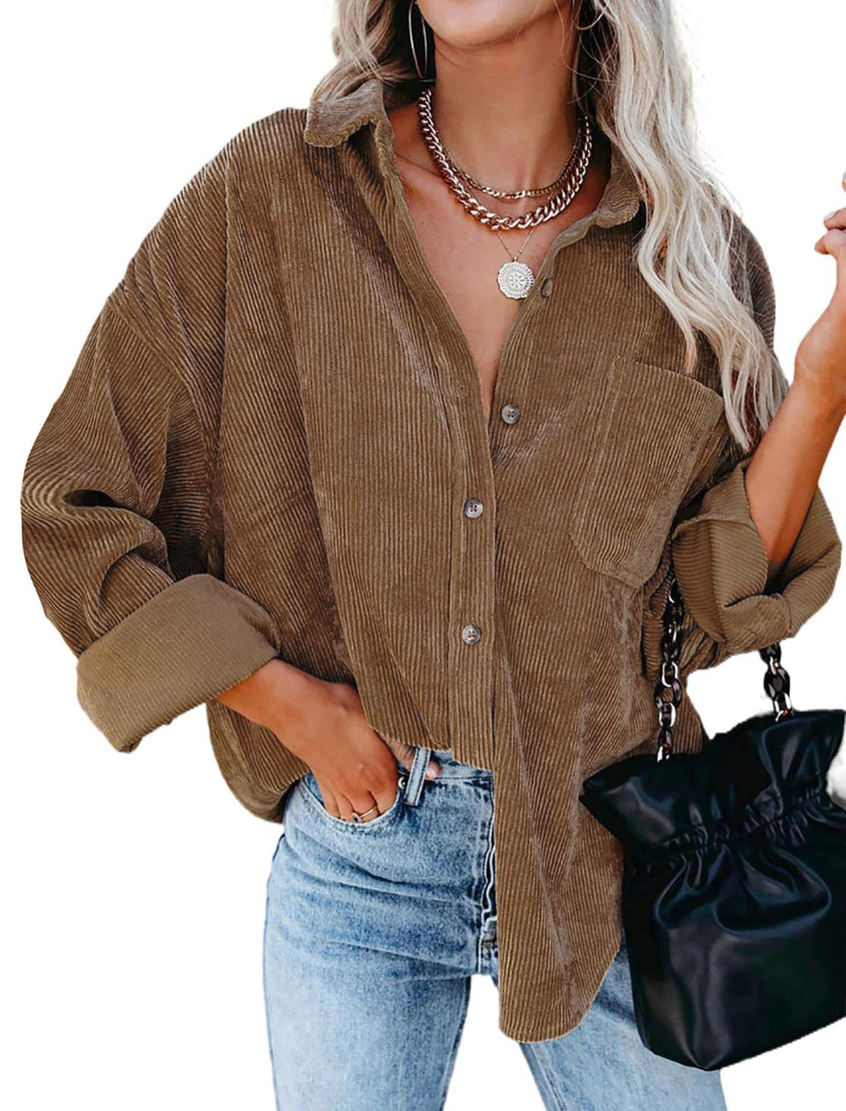 Womens Corduroy Button Down Shirts Dressy Casual Long Sleeve Blouses Oversized Fall Tops Jackets Shackets 2025, Brown, Medium