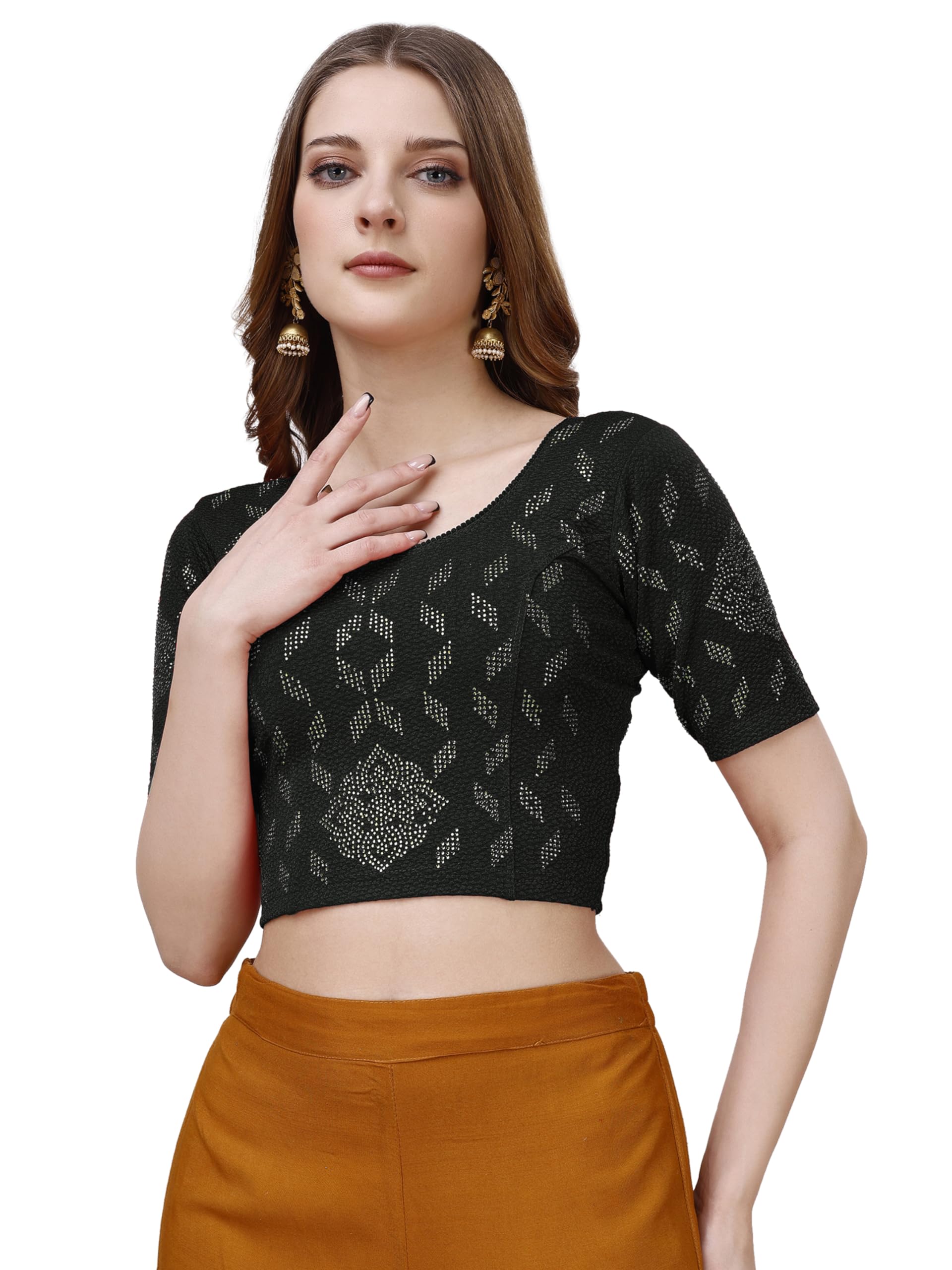 Pujia Mills WomenS Readymade Hosiery Lycra Stretchable Round Neck Half Sleeve Blouse With Swaroski Work Fancy Lycra Stretchable