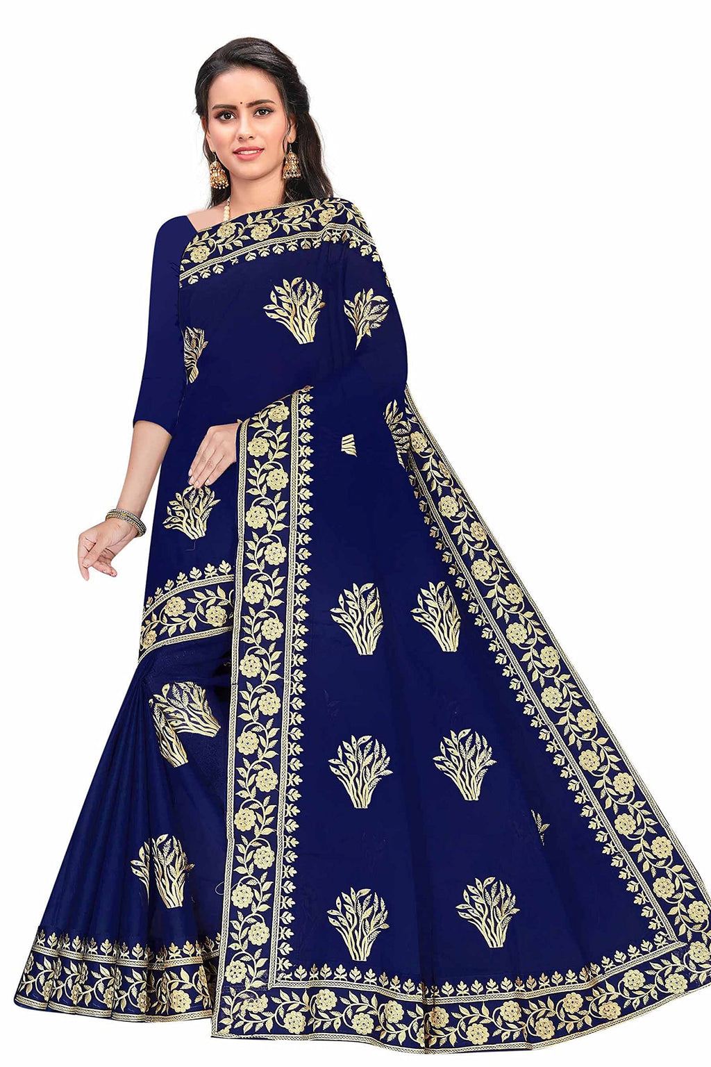 TAMAIRA FASHION Womens Plain Weave Pure Cotton Saree with Heavy Embroidery and stone work Without Blouse Piece (Blue)