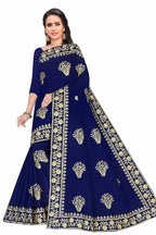 TAMAIRA FASHION Womens Plain Weave Pure Cotton Saree with Heavy Embroidery and stone work Without Blouse Piece (Blue)