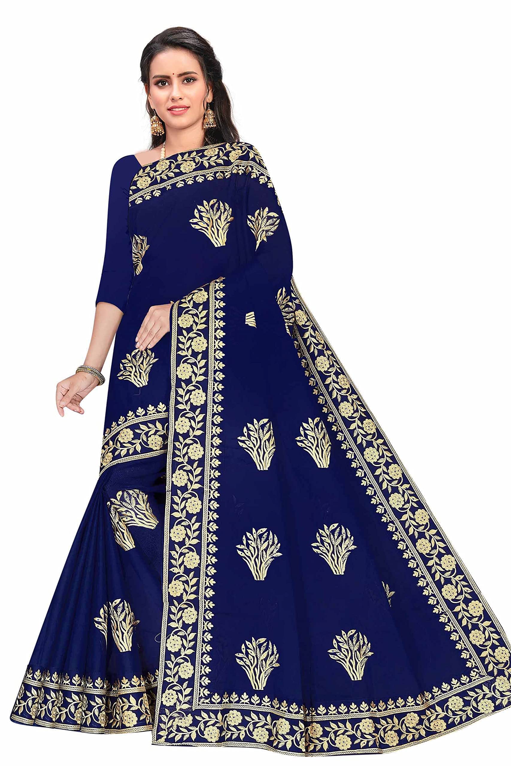 TAMAIRA FASHION Womens Plain Weave Pure Cotton Saree with Heavy Embroidery and stone work Without Blouse Piece (Blue)