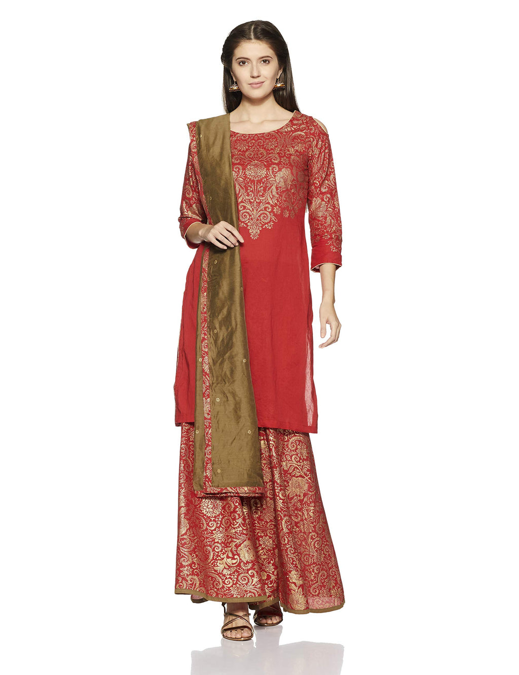 Biba Crepe Women Printed Flared Salwar Kurta Dupatta (Skd5723_Red_38)