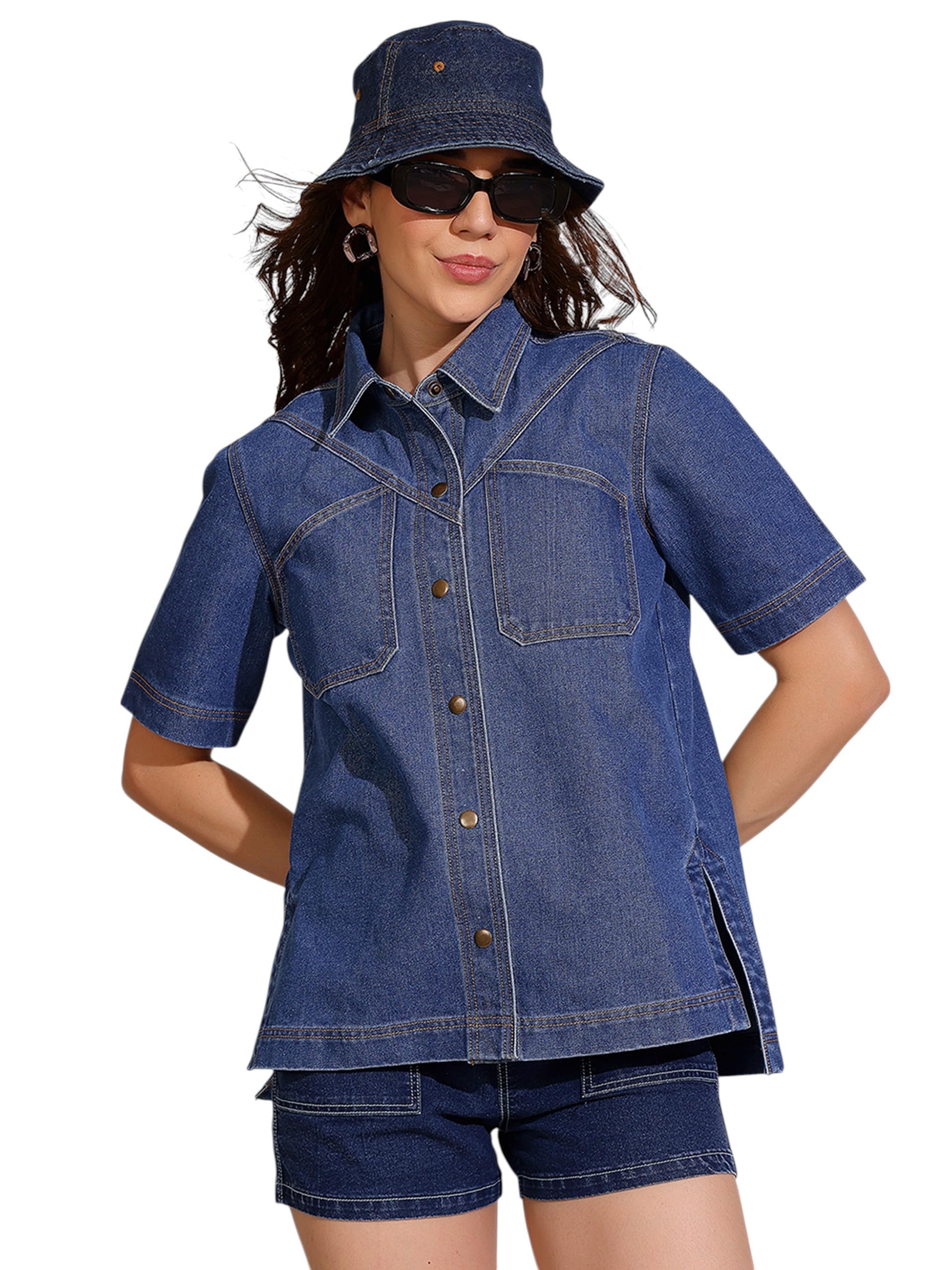 Dolce Crudo Womens Boxy Denim Shirt - Half Sleeves, Collared(DOSS25DEN03-41-57-02, Dark Blue, XS)