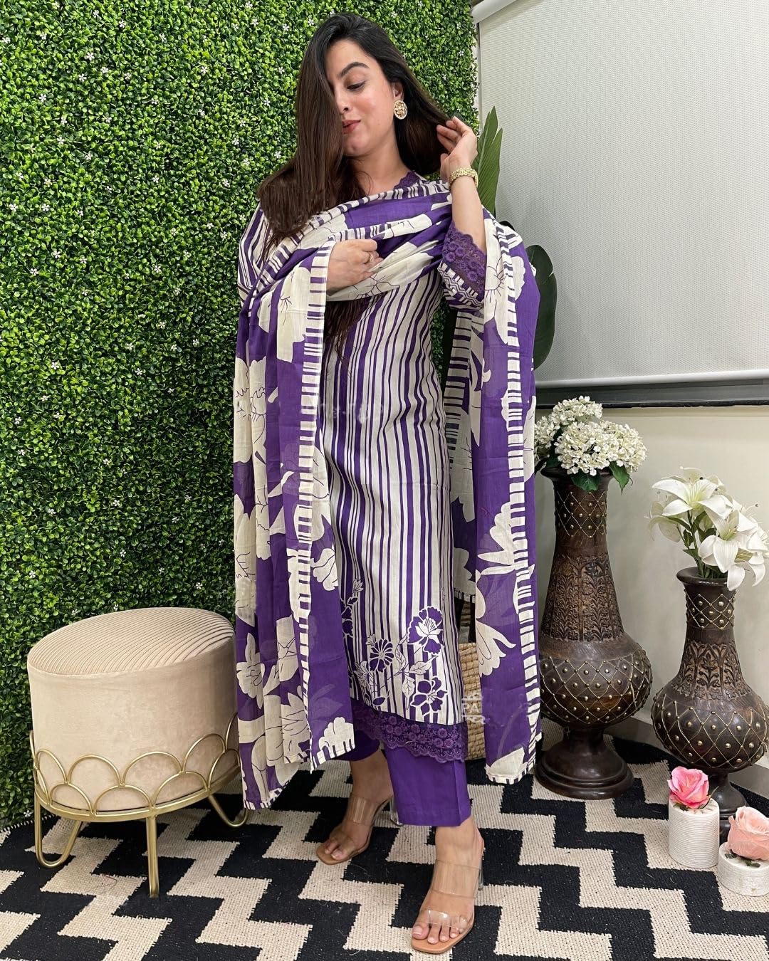 ANNI DESIGNER Women s Rayon Blend Printed Straight Kurta with Pants and Dupatta, Begani, 36