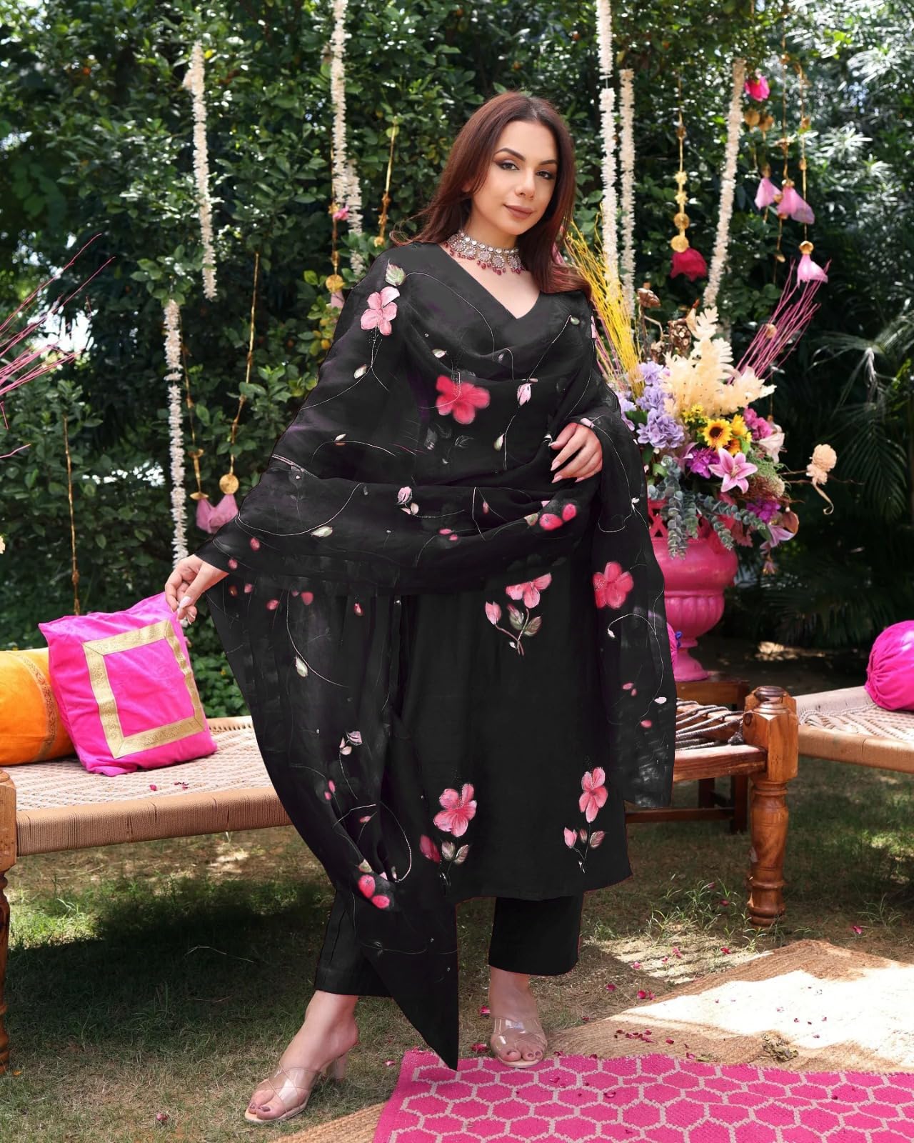 ANNI DESIGNER Womens Rayon Blend Floral Straight Kurta with Pant & Dupatta (ROKA Rani_Black_Large)