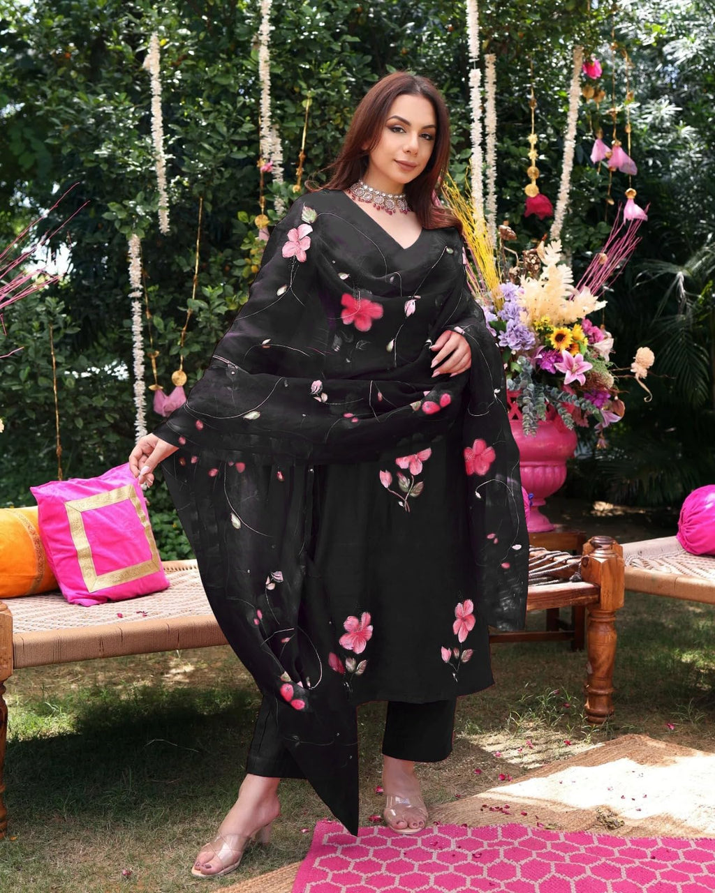 ANNI DESIGNER Womens Rayon Blend Floral Straight Kurta with Pant & Dupatta (ROKA Rani_Black_X-Large)