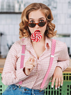 SATINIOR Suspender and Bow Tie Set 80s Clip on Suspenders for Men Women(Pink with White Dots)