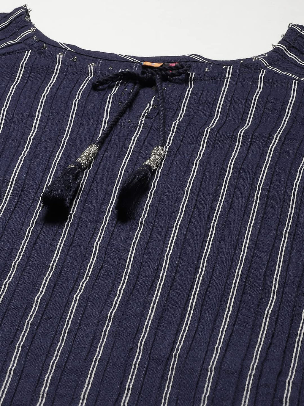 Ishin Women'S Cotton Pathani Embellished Beads And Stones Striped Print Navy Blue Kurti