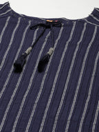 Ishin Women'S Cotton Pathani Embellished Beads And Stones Striped Print Navy Blue Kurti