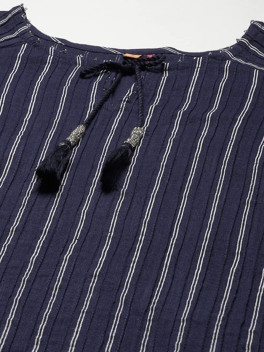 Ishin Women'S Cotton Pathani Embellished Beads And Stones Striped Print Navy Blue Kurti