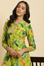 W Green Floral Printed Cotton Kurta and Pant Set for Women