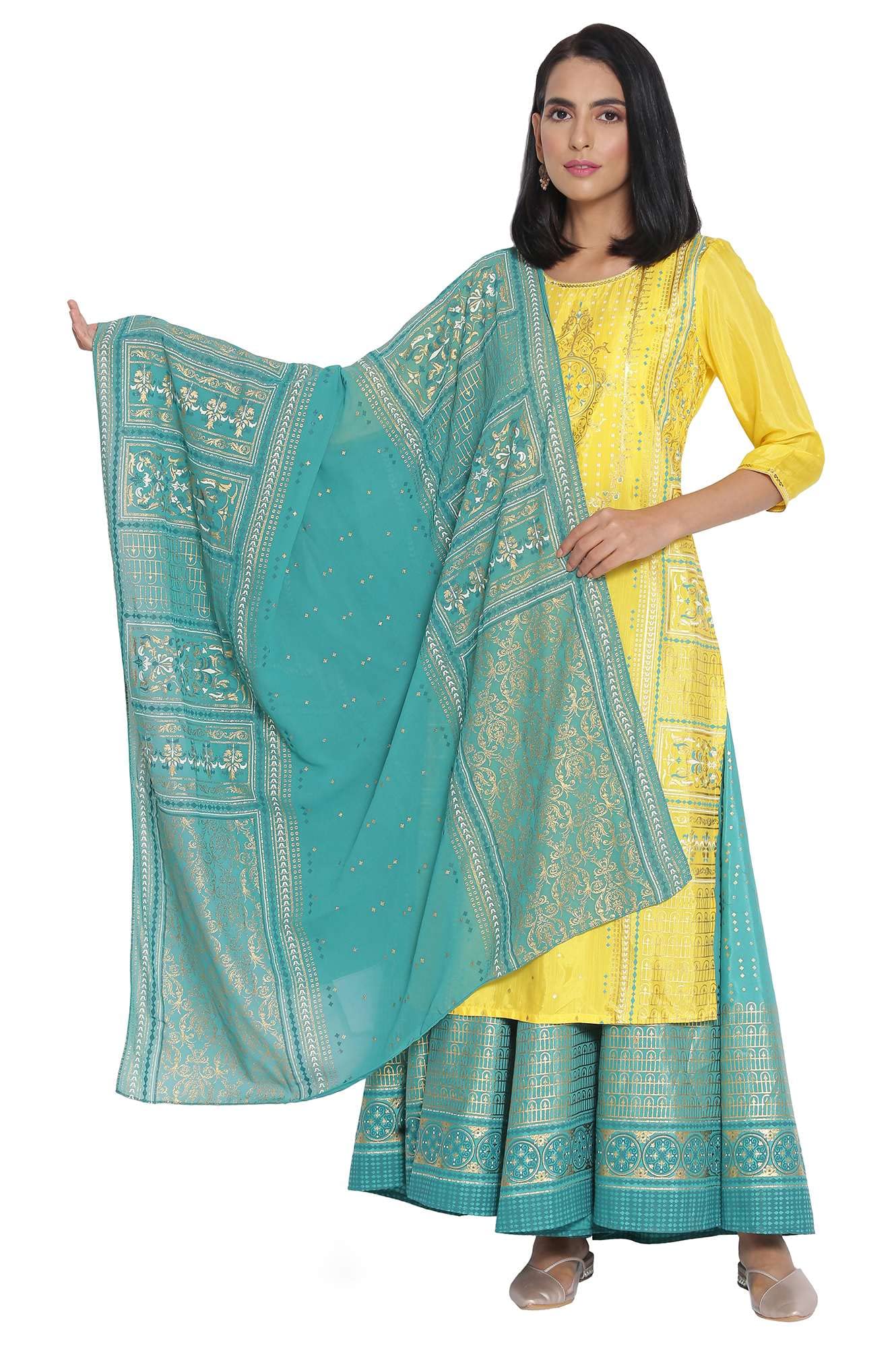 Aurelia WomenS Polyester Green Foil Print Dupatta, Free Size