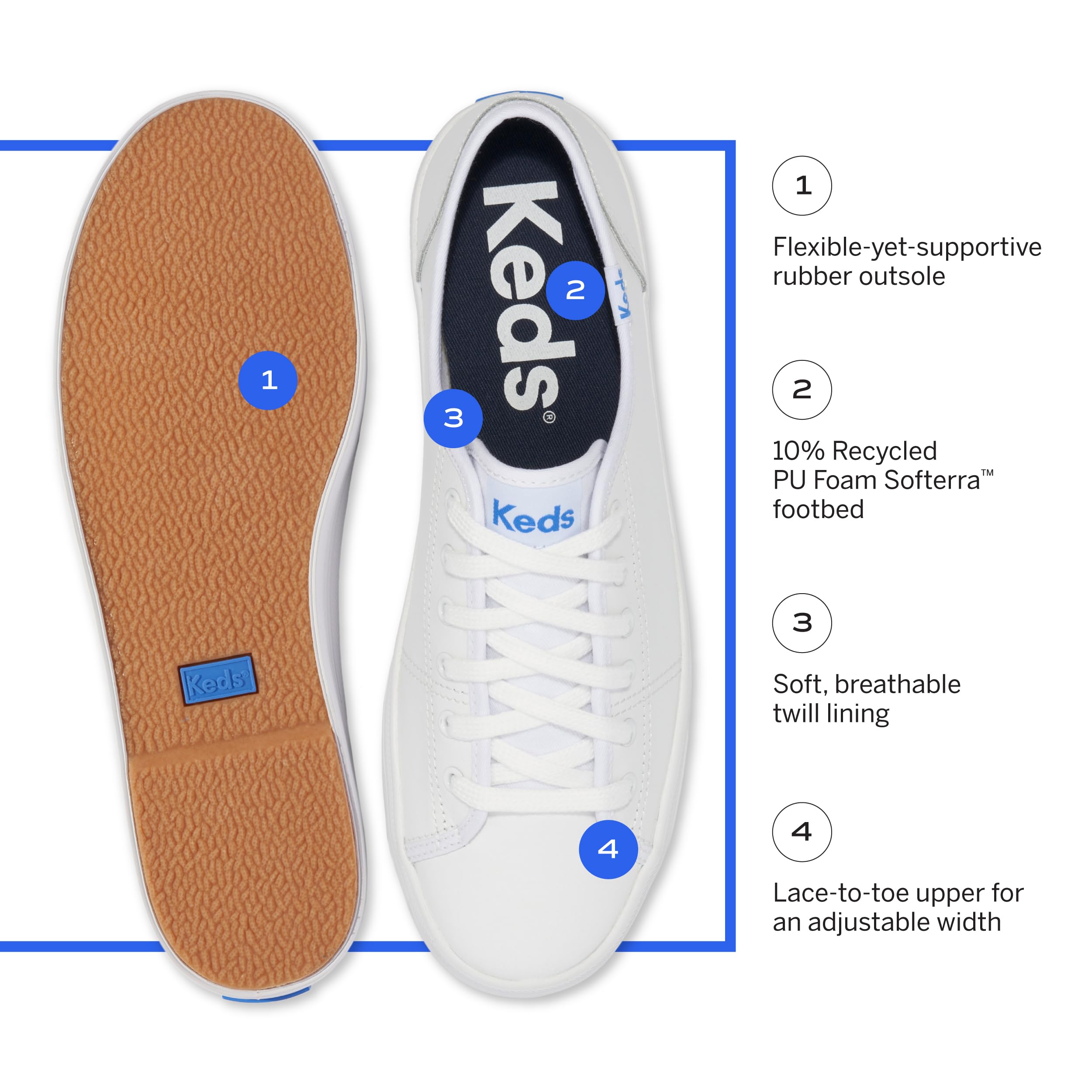 Keds Kickstart Lace Up, Sneaker Womens, White/Blue Leather, 8 Medium