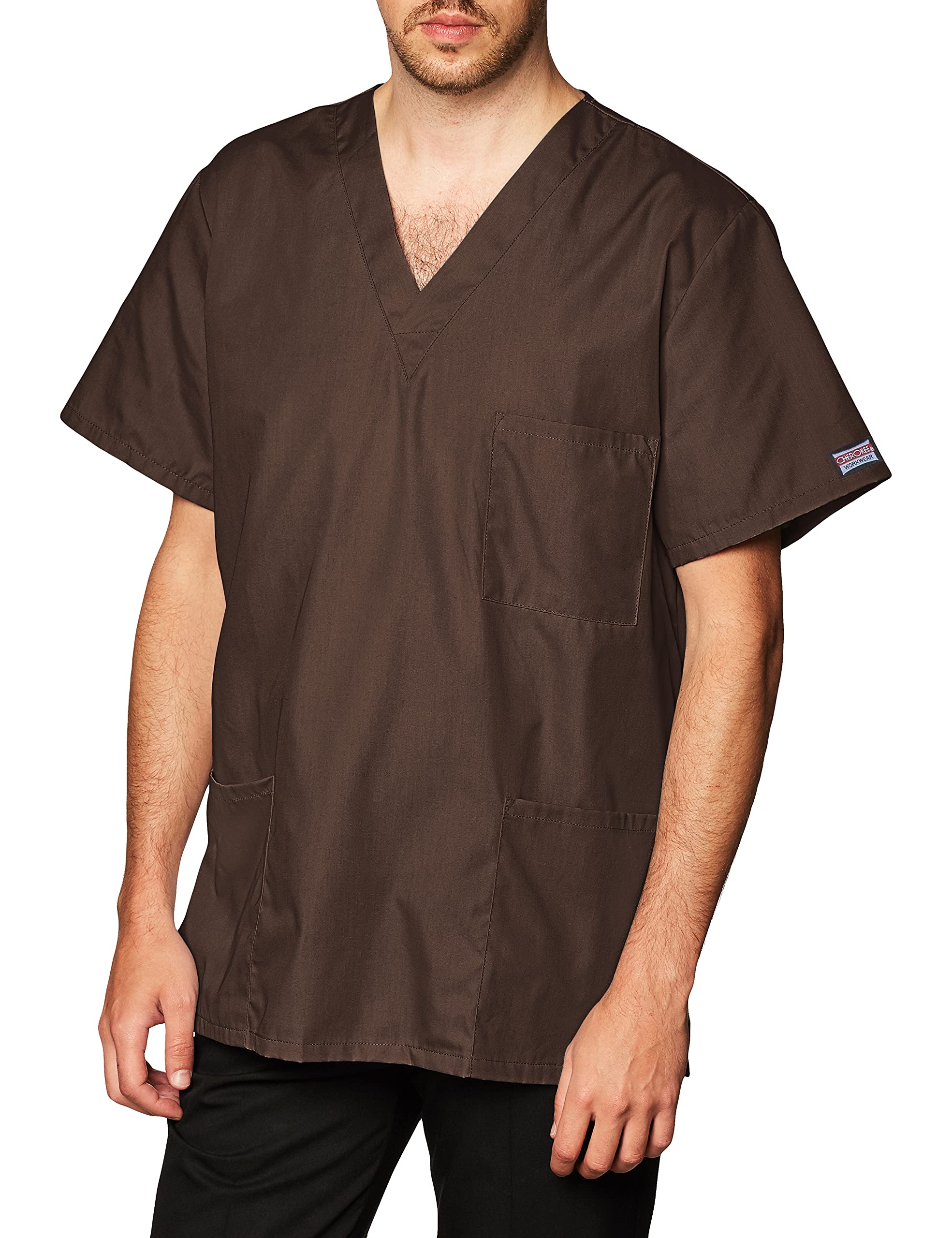 cherokee Women and Men V-Neck Scrub Top with 3 Pockets 4876, L, chocolate