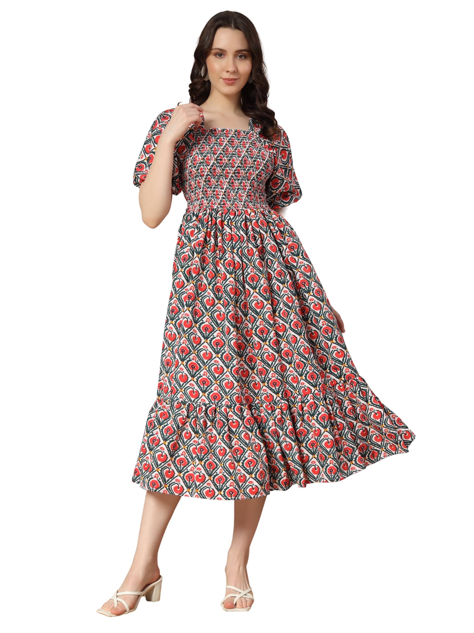 Kzully | Colorful Floral Print Midi Dress | Smocking And Elastic Comfort | Stylish Woman Wearing A Pretty Printed Flower | Trend