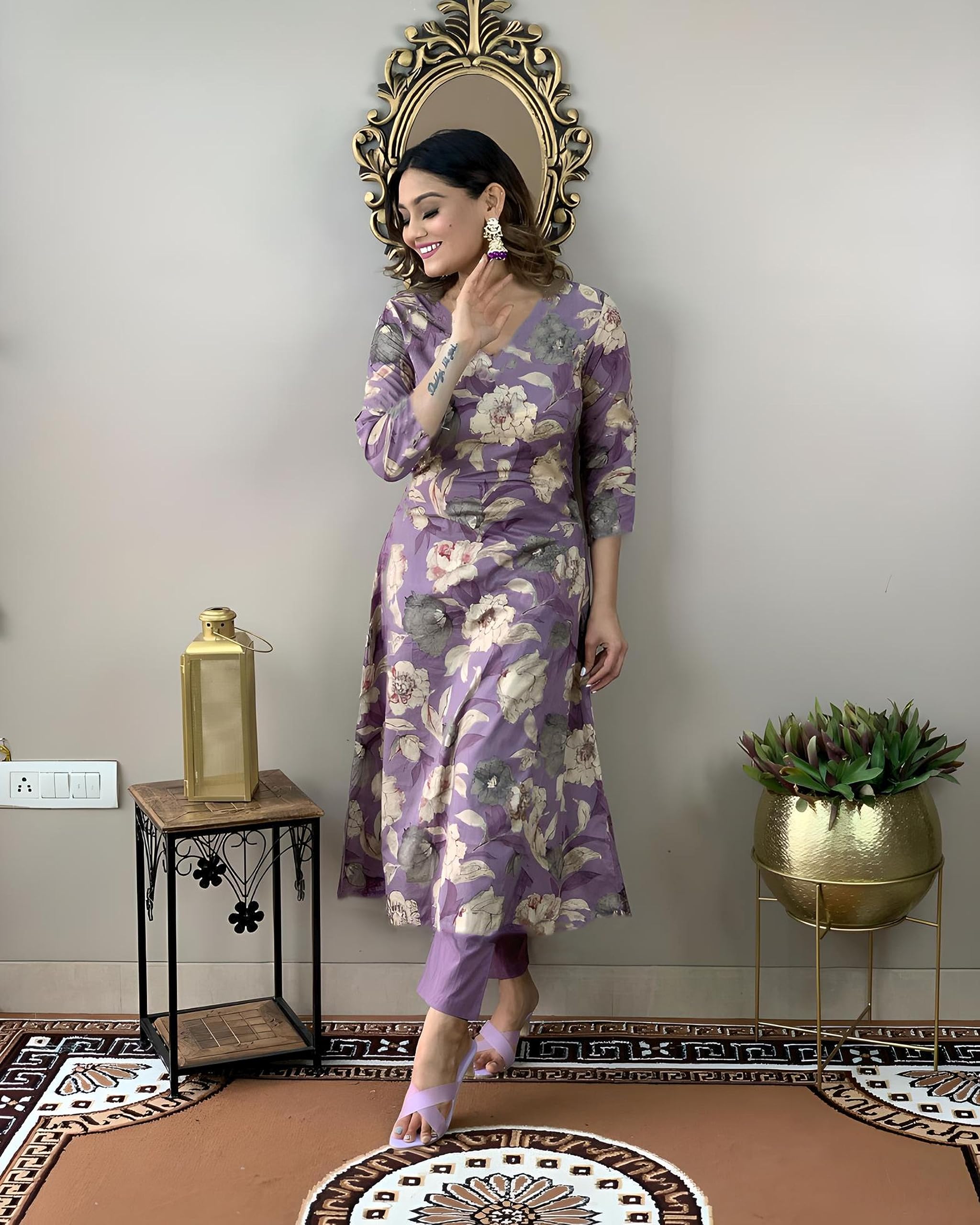 ANNI DESIGNER Womens Rayon Straight Printed Kurta with Pant Set (DHUN Purple_L_Purple_Large)